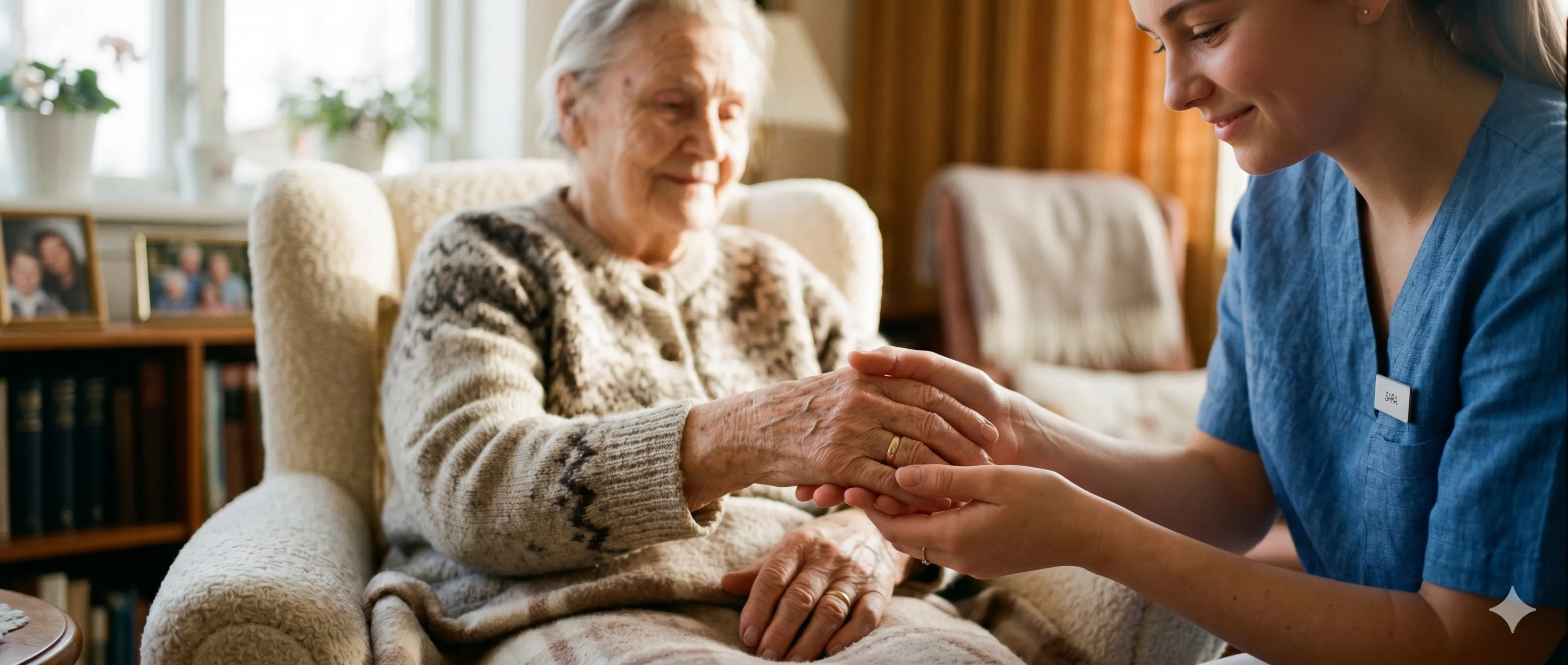 A caregiver gently holding the hands of an elderly woman