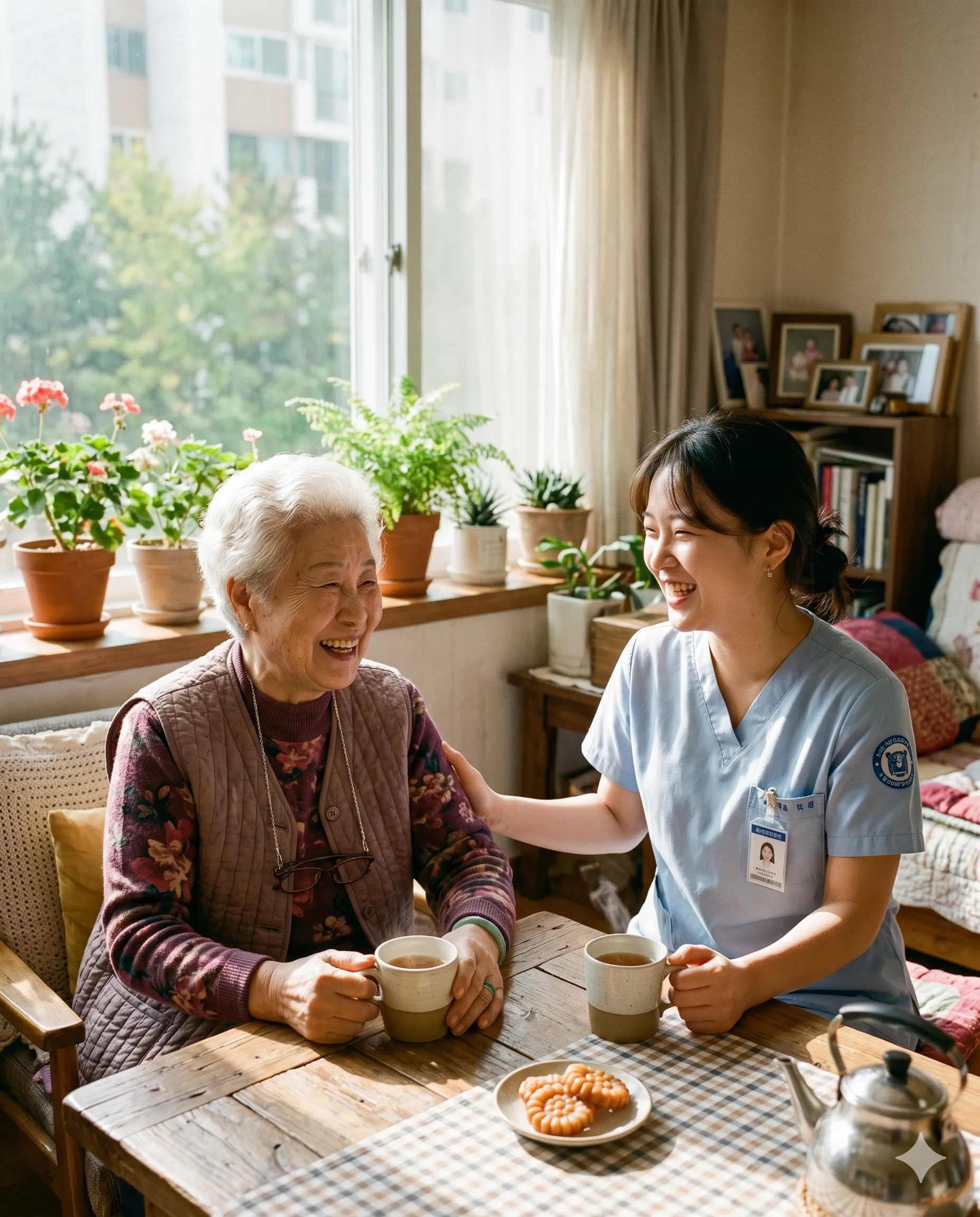 A young caregiver and an elderly woman laughing together over tea by a sunlit window
