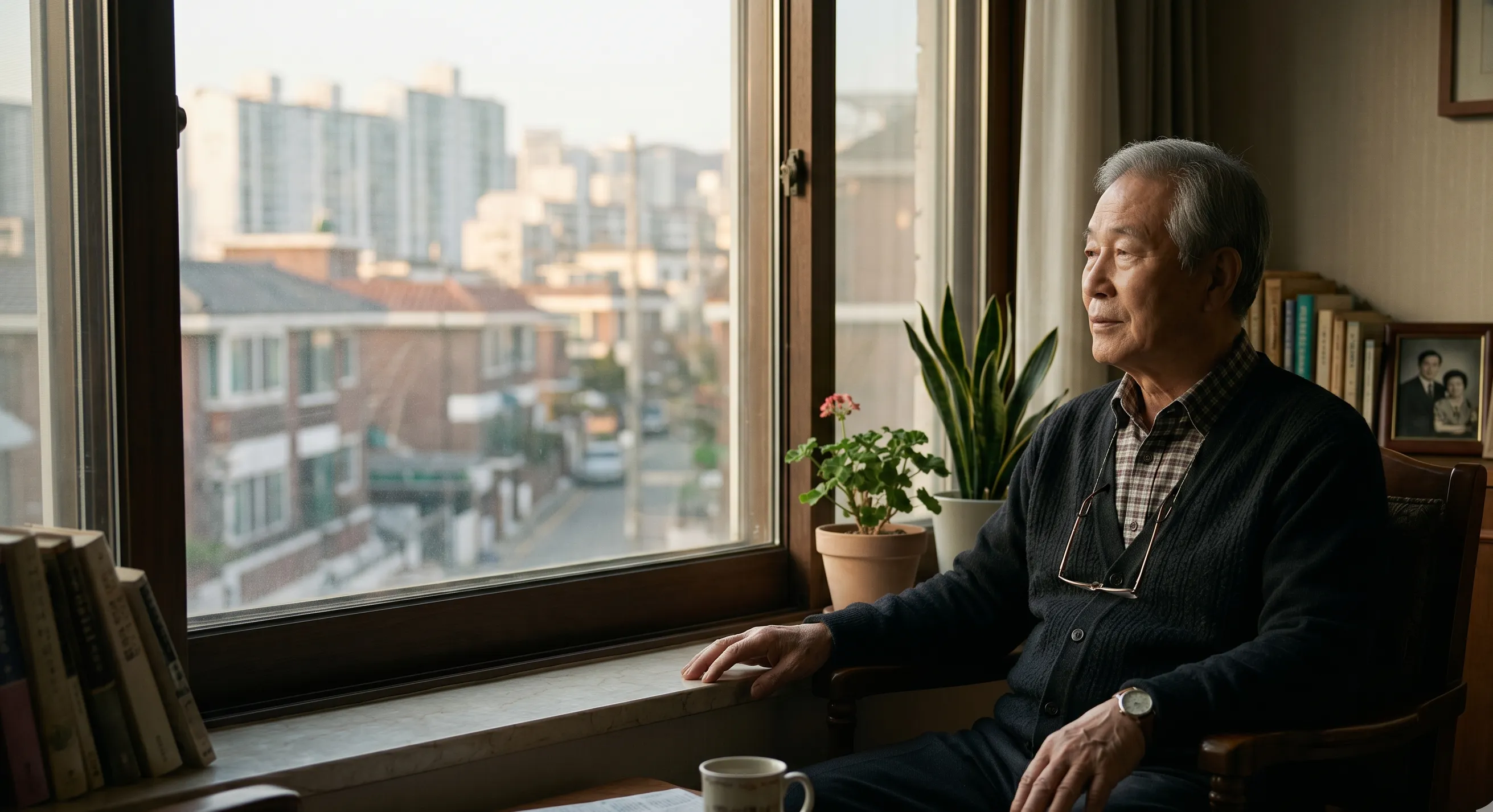 An elderly man sitting alone by a window, looking out thoughtfully