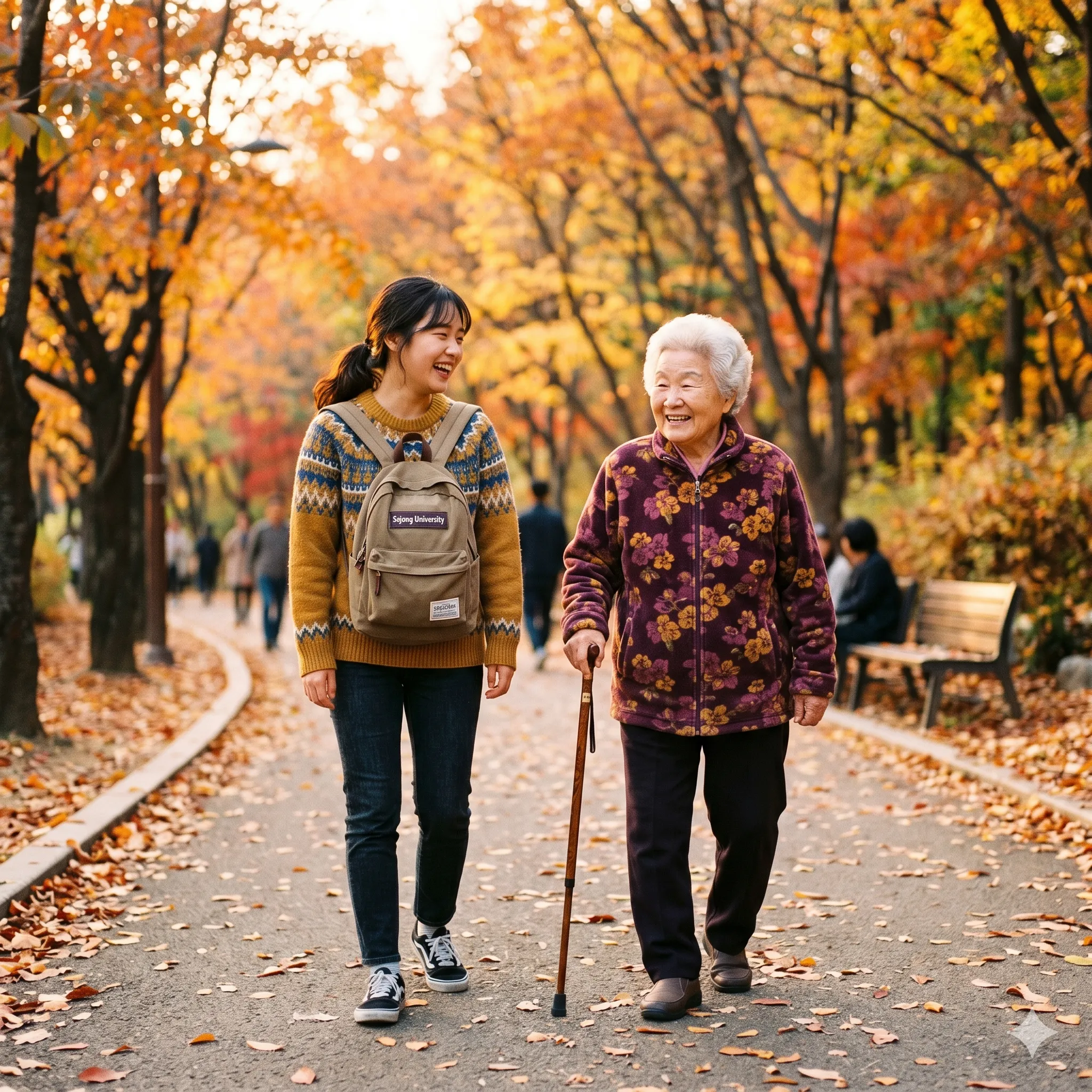 A student walking outdoors in a park beside an elderly woman with a cane