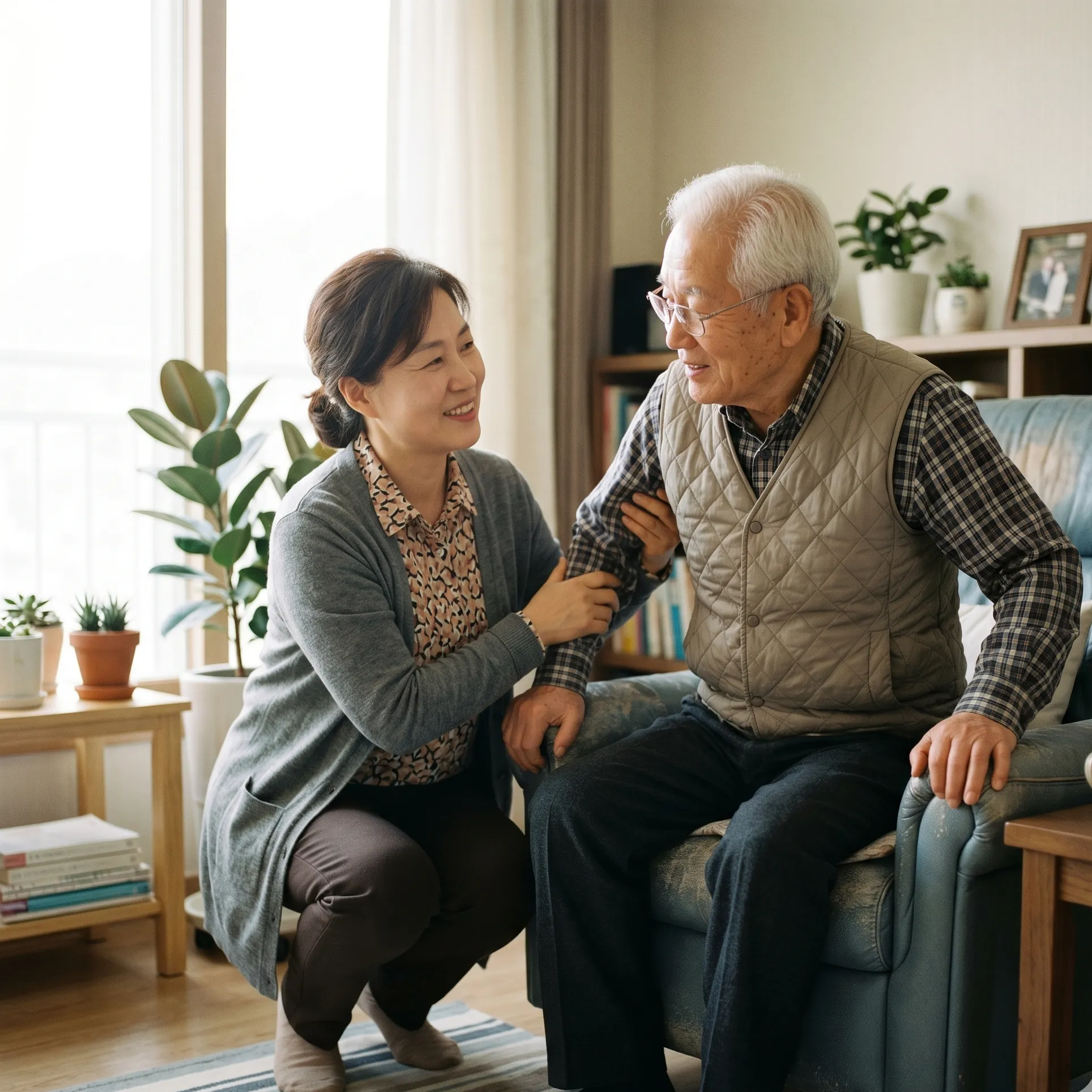 A caregiver helping an elderly man stand up at home