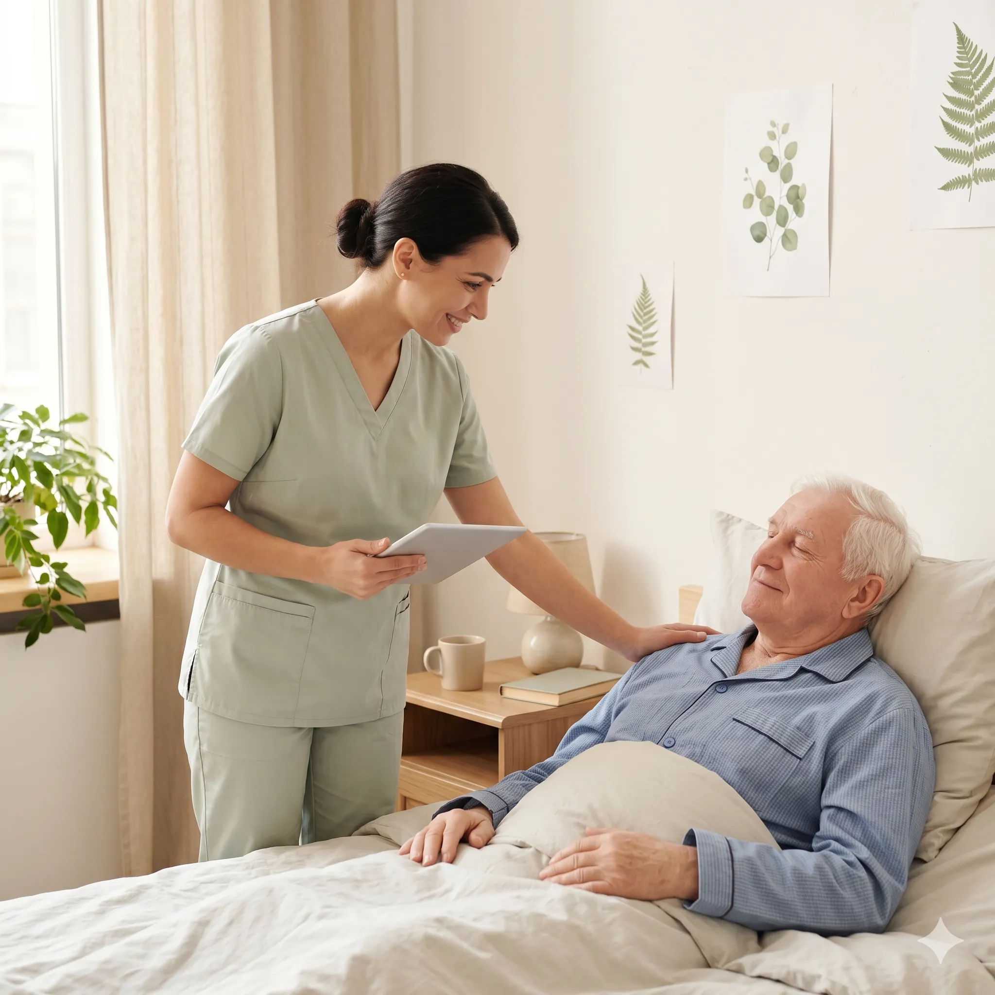 A nurse caring for an elderly patient resting in bed